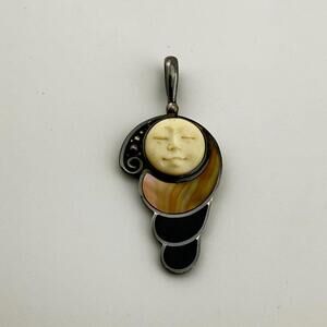 Signed Sajen 925 Sterling Silver Mother of Pearl Sleeping Moon Face Pendant